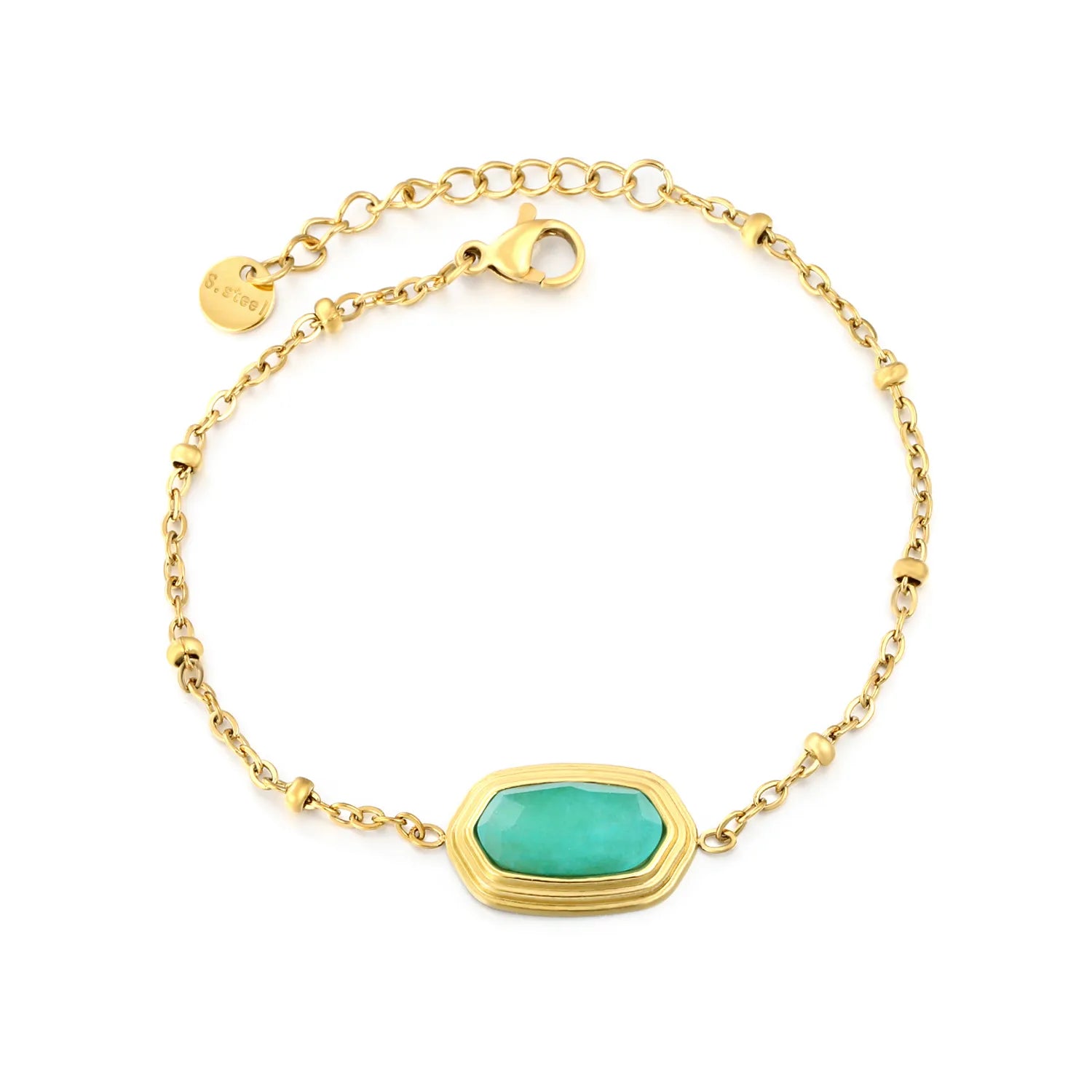 Gold Bracelet 19*12mm Rhombus Blue & Amethyst Natural Stone 0.5 Bead Clamp Chain 17+3cm Adjustable 6mm Round End Tag Women Daily Casual Party Fashion Jewelry asonjewelry